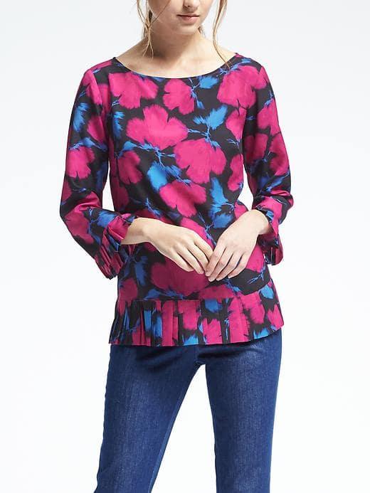 Banana Republic Womens Pleated Floral Print Blouse - Royal Fuchsia
