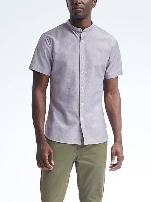 Banana Republic Mens Grant Fit Cotton Stretch Banded Short Sleeve Shirt - Navy
