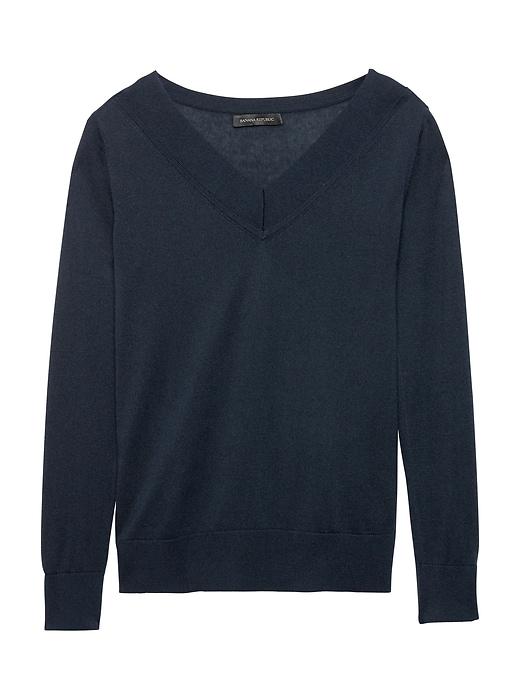 Banana Republic Womens Silk Cashmere Varsity V-neck Sweater Navy Size L