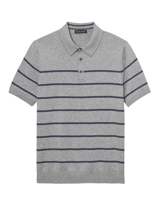 Banana Republic Mens Supima Cotton Stripe Sweater Polo Shirt Shoreline Gray Stripe Size L