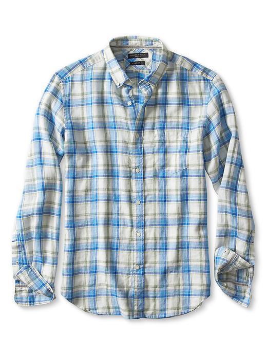 Banana Republic Mens Camden Fit Green Check Linen Shirt Size L Tall - Beach Blue