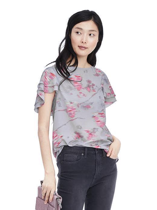 Banana Republic Ikat Ruffle Sleeve Top - Morning Fog