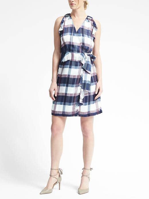 Banana Republic Womens Plaid Ruffle Wrap Dress - Blue Print