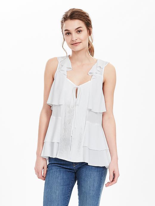 Banana Republic Womens Crepe Pintuck Ruffle Top Size L - White