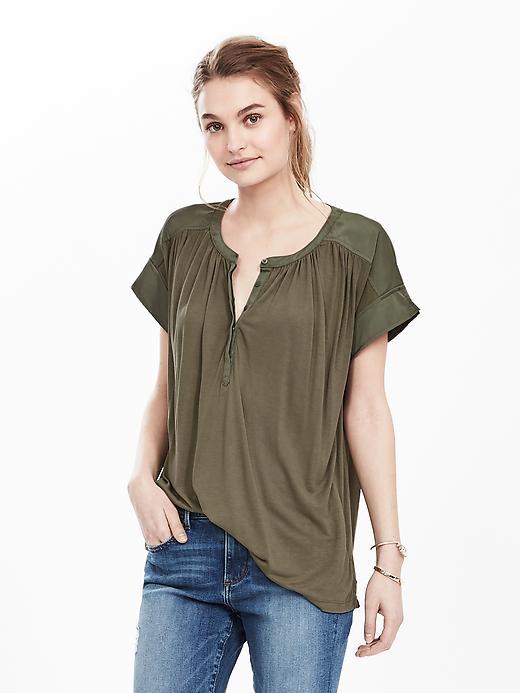 Banana Republic Womens Mixed Media Button Top Size L - Tigers Eye Green