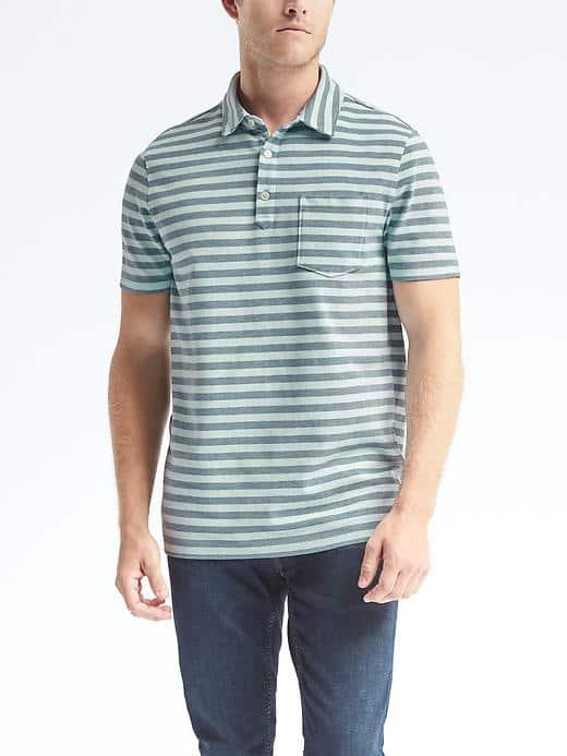 Banana Republic Mens Performance Pique Thick Stripe Polo - Pacific Mist