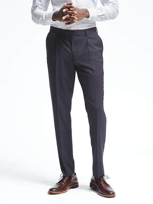 Banana Republic Mens Slim Navy Wool Pleated Trouser - Navy