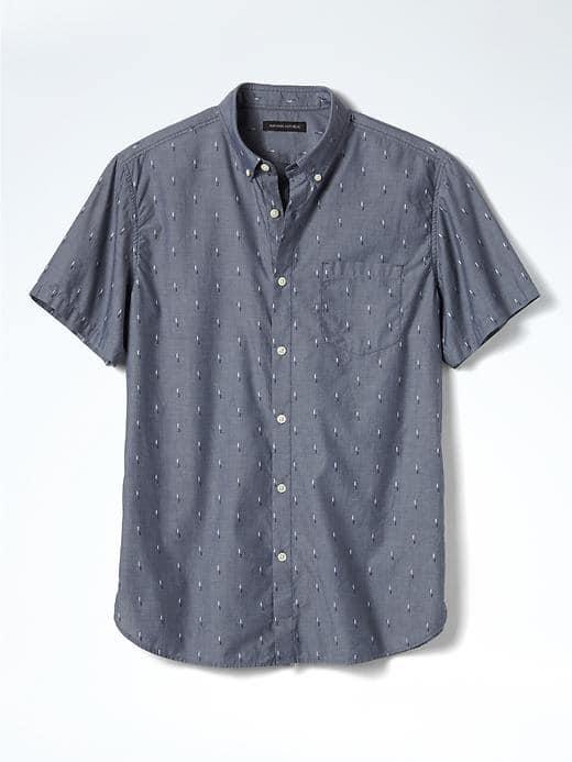 Banana Republic Mens Camden Fit Print Chambray Short Sleeve Shirt - Navy