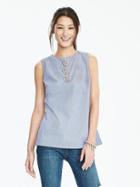 Banana Republic Beaded Shell Cotton Top Size L Petite - Mini Stripe
