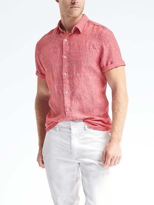 Banana Republic Camden Fit Solid Linen Short Sleeve Shirt - Red