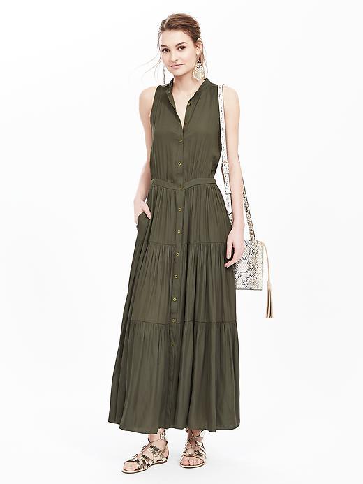 Banana Republic Womens Tiered Sleeveless Maxi Dress Size 0 Petite - Fresh Olive