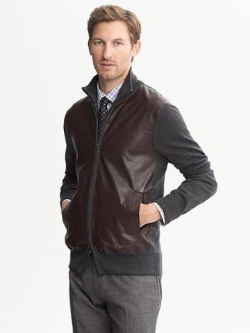 Banana Republic Leather Front Zip Sweater Jacket - Charcoal Heather