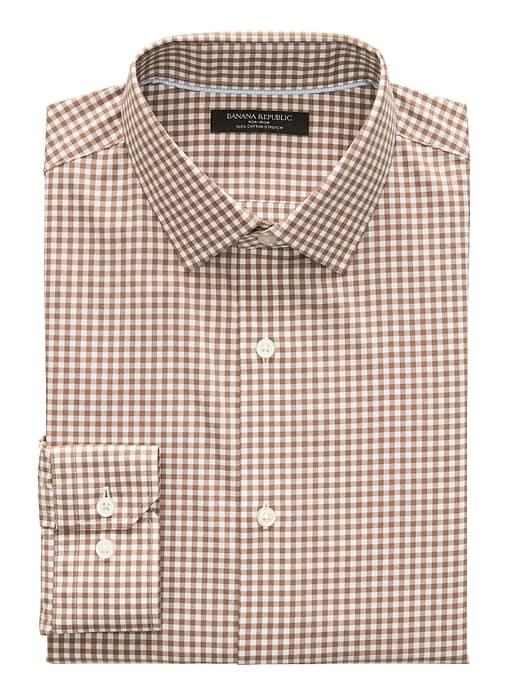 Banana Republic Mens Camden Standard-fit Non-iron Stretch Gingham Shirt Caramel Size Xs