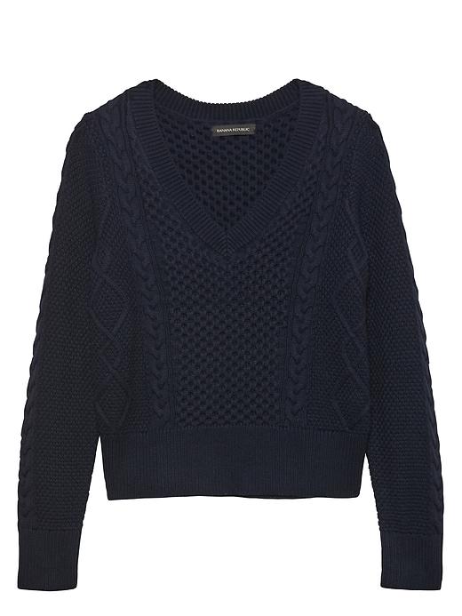 Banana Republic Womens Cable-knit Cropped V-neck Sweater Navy Blue Size S