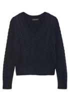 Banana Republic Womens Cable-knit Cropped V-neck Sweater Navy Blue Size S