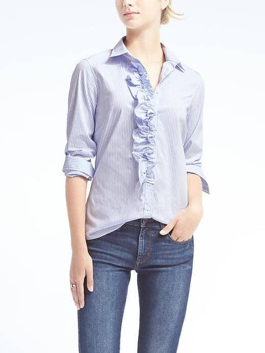 Banana Republic Womens Riley Fit Stripe Ruffle Shirt - Blue Stripe