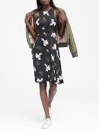 Banana Republic Womens Petite Floral Racer-neck Fit-and-flare Dress Black Print Size 0