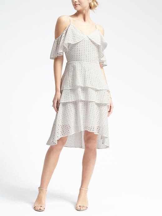 Banana Republic Womens Limited Edition Eyelet Cold Shoulder Flounce Dress - White