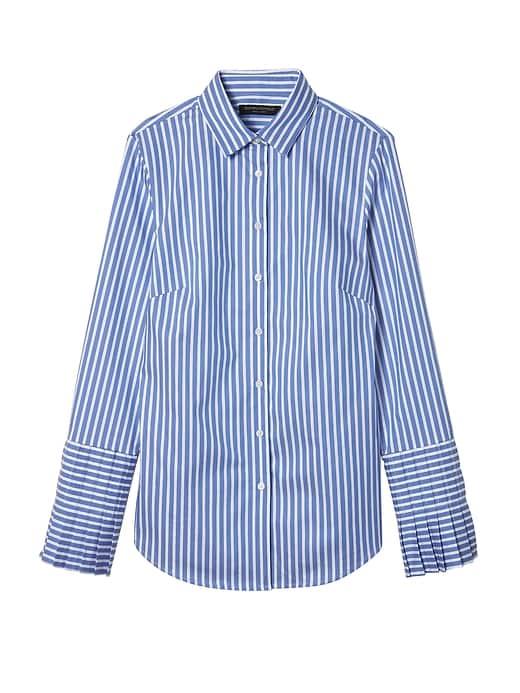 Banana Republic Womens Petite Riley Tailored-fit Stripe Super-stretch Pleated-sleeve Shirt Blue Stripe Size 0