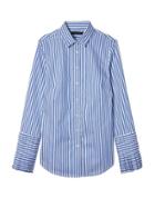 Banana Republic Womens Petite Riley Tailored-fit Stripe Super-stretch Pleated-sleeve Shirt Blue Stripe Size 0