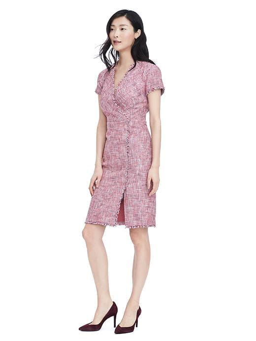 Banana Republic Womens Fringe Pink Tweed Drape Front Dress - Medium Pink