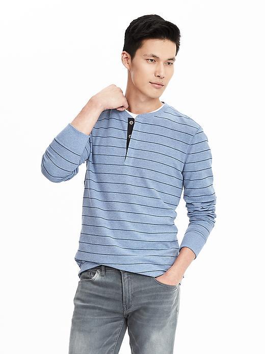 Banana Republic Mens Milano Stripe Henley Size L Tall - Mythic Blue