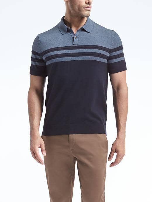 Banana Republic Mens Block Stripe Supima Cotton Sweater Polo - Blue Shadow