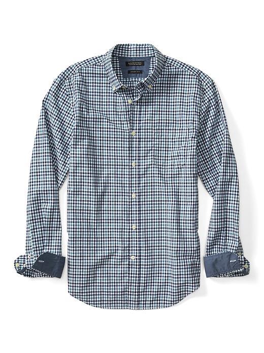 Banana Republic Mens Grant Fit Check Custom 078 Wash Shirt - Riptide Blue