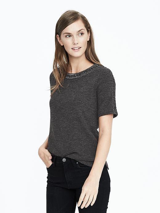 Banana Republic Womens Metallic Crochet Tee Shirt - Heather Gray