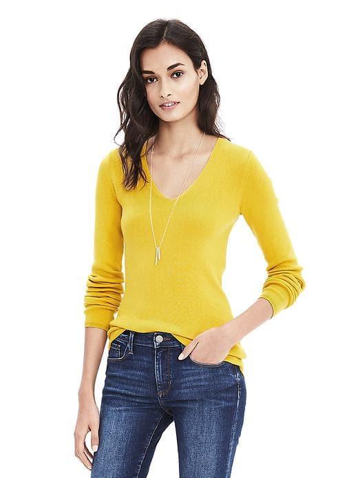 Banana Republic Womens Italian Silk Cotton Ribbed Vee Pullover - Bright Celery