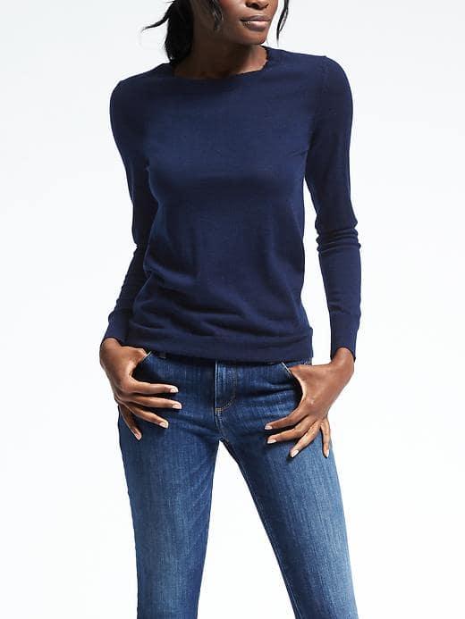 Banana Republic Extra Fine Merino Wool Scallop Crew Pullover - Navy