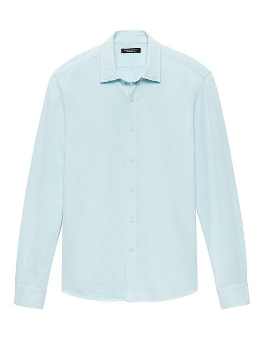 Banana Republic Mens Grant Slim-fit Grid Performance Knit Shirt Larimar Blue Size Xxs