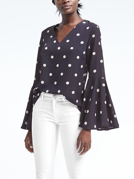 Banana Republic Womens Easy Care Dot Bell Sleeve Top - Navy Dot