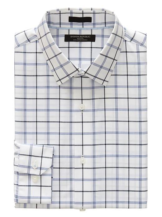 Banana Republic Mens Grant Slim-fit Non-iron Plaid Shirt Midnight Blue Size Xxs