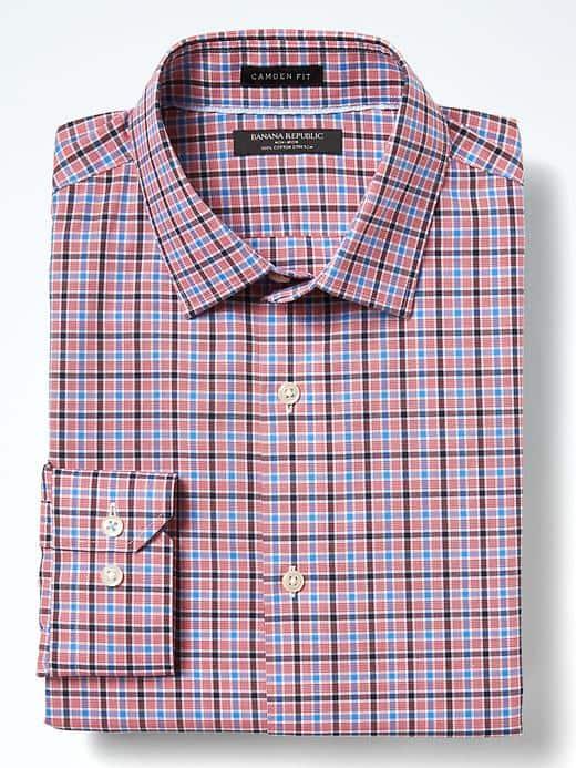 Banana Republic Mens Camden Fit Cotton Stretch Non Iron Tri Plaid Shirt - Red