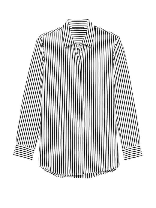 Banana Republic Womens Parker Tunic-fit Stripe Washable Silk Shirt Black Size Xs