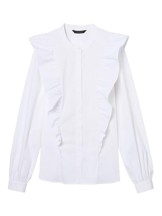 Banana Republic Womens Petite Riley Tailored-fit Ruffle-front Shirt White Size 14