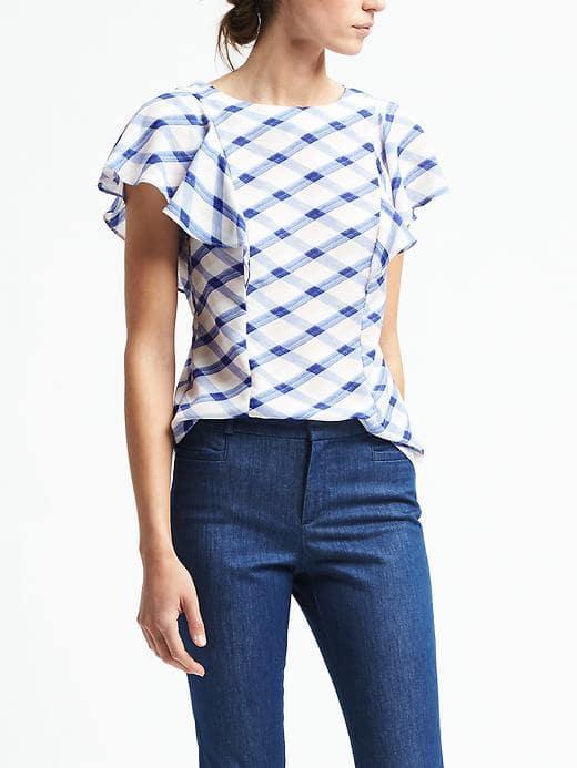 Banana Republic Womens Flutter Sleeve Plaid Vee Back Top - Wild Lavender