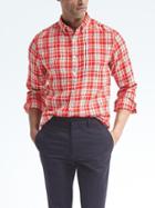 Banana Republic Mens Camden Fit Micro Plaid Linen Shirt - Fire Red