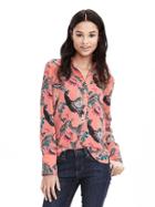 Banana Republic Womens Bird Print Popover Blouse Size L - Electric Cantaloupe
