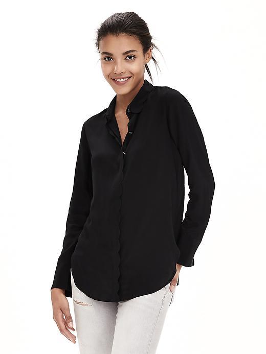 Banana Republic Scalloped Silk Blouse Size L Petite - Black