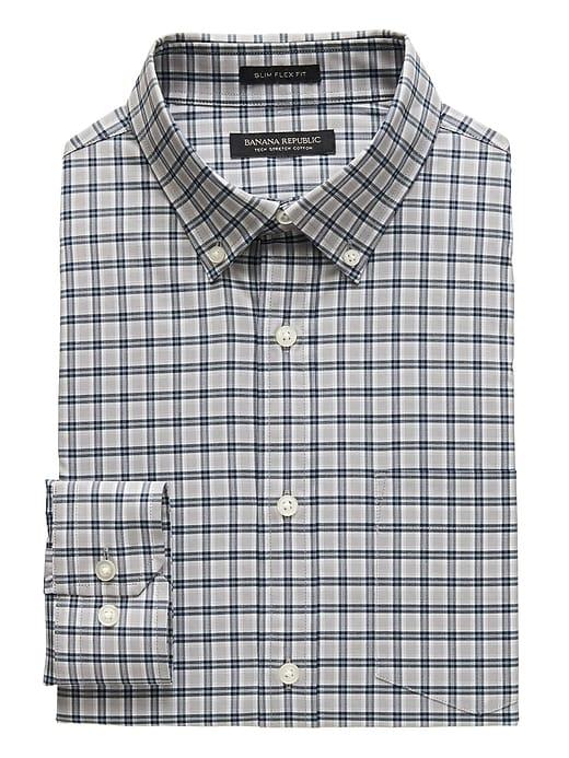 Banana Republic Mens New Slim-fit Tech-stretch Cotton Tartan Plaid Shirt Chrome Gray Size Xs