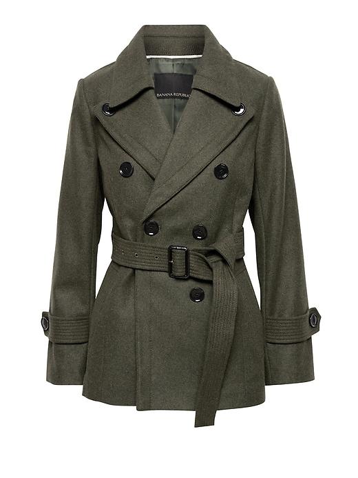 Banana Republic Womens Petite Italian Melton Wool Blend Trench Coat Dark Olive Size S