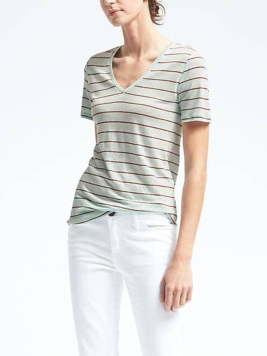 Banana Republic Womens Classic Linen Short Sleeve Vee - Frosted Aqua
