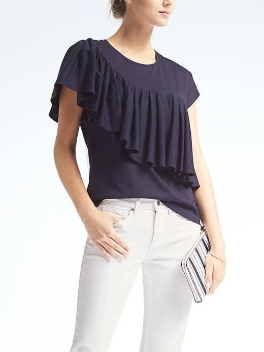 Banana Republic Womens Diagonal Ruffle Supima Cotton Tee - Navy