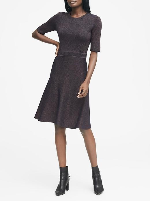 Banana Republic Womens Metallic Fit-and-flare Sweater Dress Twilight Navy Blue & Copper Sparkle Size Xxs