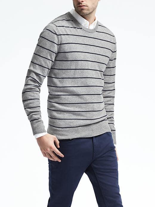 Banana Republic Mens Stripe Cashmere Crew Pullover - Light Gray