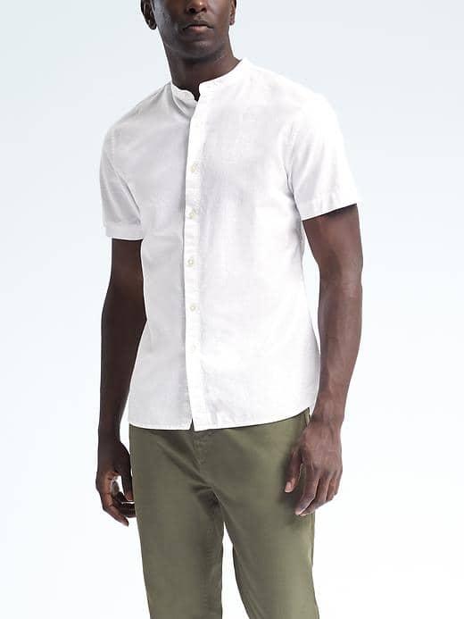 Banana Republic Mens Grant Fit Cotton Stretch Banded Short Sleeve Shirt - White