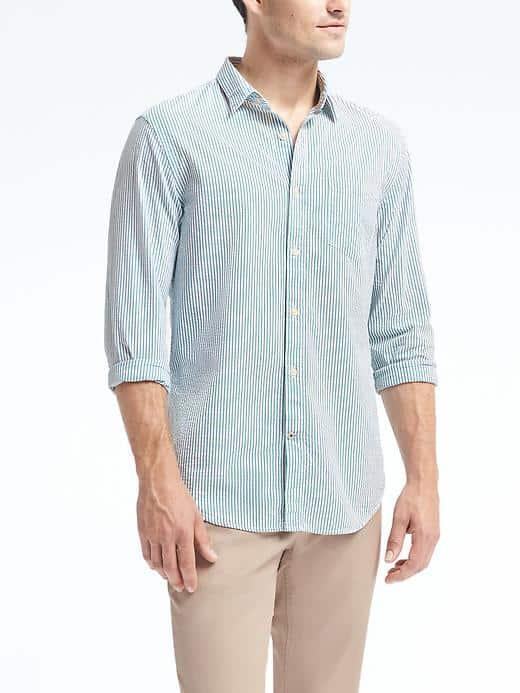 Banana Republic Mens Grant Slim Fit Seersucker Shirt - New Emerald
