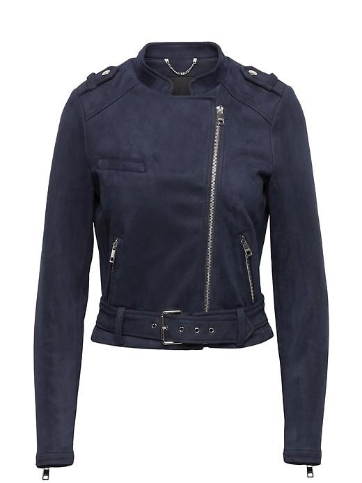 Banana Republic Womens Petite Vegan Stretch Suede Moto Jacket Navy Size L